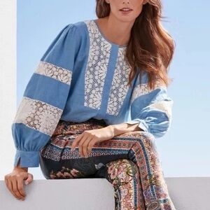 Johnny Was Thalassa Chambray Lace Blouse Medium Cottagecore Boho Anthropologie